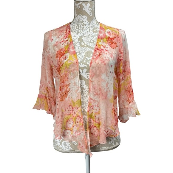 Vintage Y2K Size Small Dainty Silk Chiffon Pink Floral Cardigan Sequin Ruffle - Picture 2 of 6